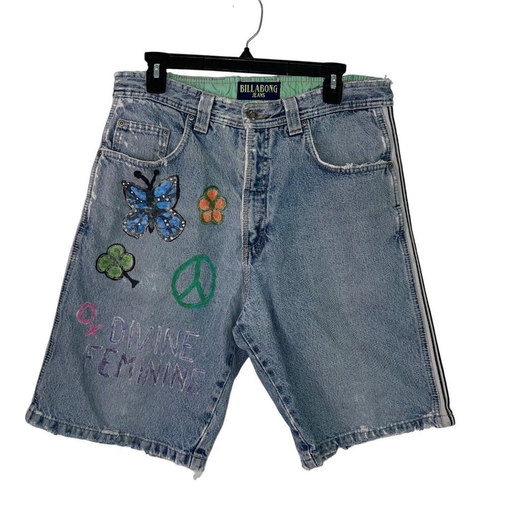 Billabong Vintage Womens Denim Shorts Size 34 Blue Surfer Upcycled Painted